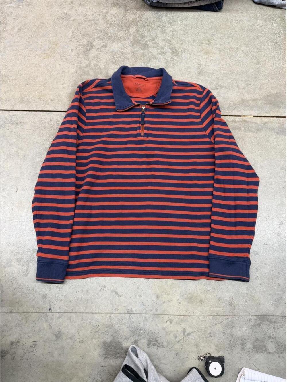 vintage l.l. bean navy and orange striped quarter zip shirt size xl